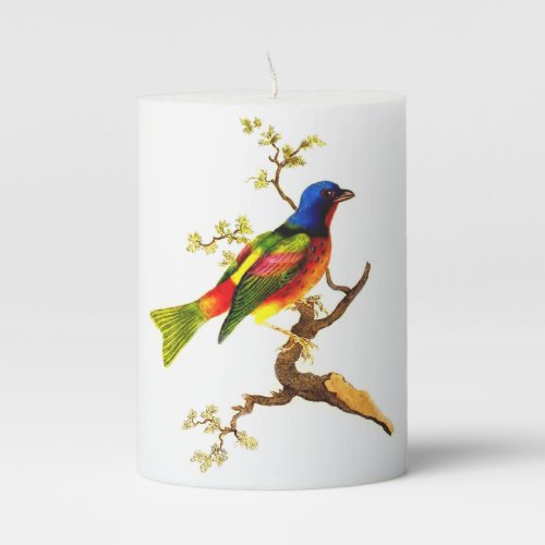 Vintage Colorful Bird on Branch Design Pillar Candle
