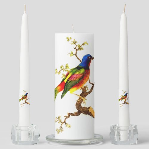 Vintage Colorful Bird on Branch Design Unity Candle Set