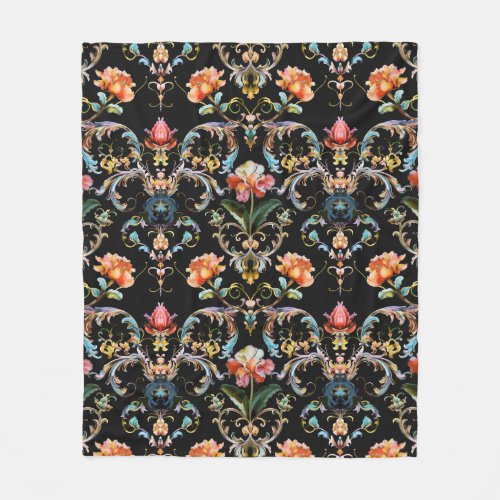 Vintage colorful black baroque pattern fleece blanket