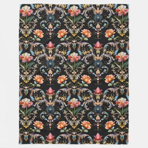 Vintage colorful black baroque pattern fleece blanket