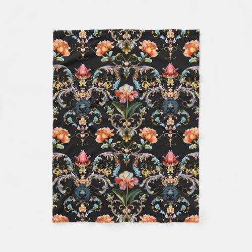 Vintage colorful black baroque pattern fleece blanket