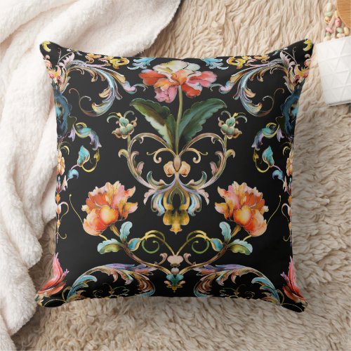 Vintage colorful black baroque pattern  throw pillow