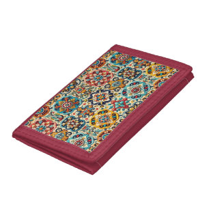 Vintage Colorful Blue and Red Tiles Pattern Tri-fold Wallet