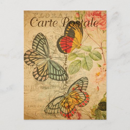 Vintage Colorful butterflies Floral Flowers French Postcard