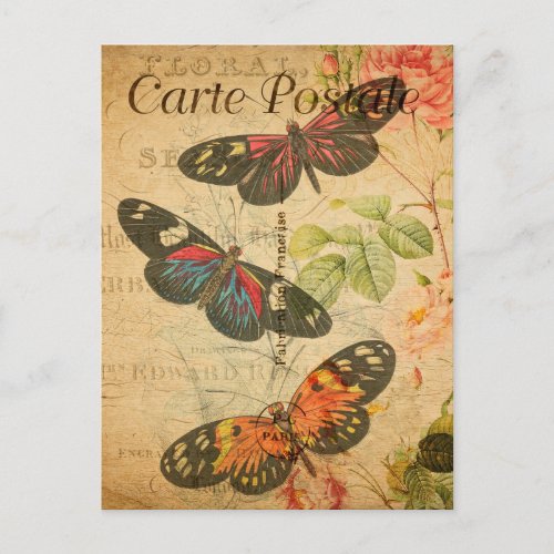 Vintage Colorful butterflies Floral Flowers French Postcard