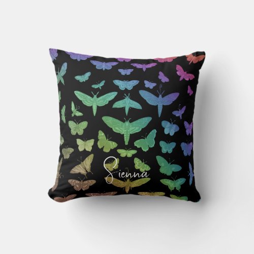 Vintage colorful butterflies moths insects black throw pillow