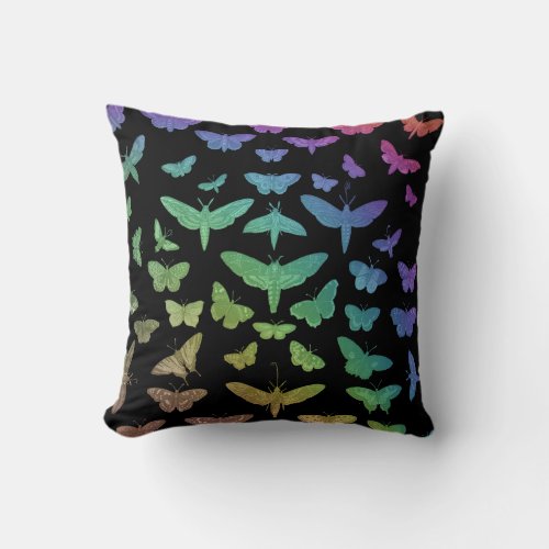 Vintage colorful butterflies moths insects black throw pillow