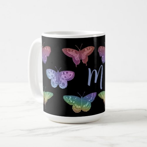 Vintage colorful butterflies moths monogram coffee mug