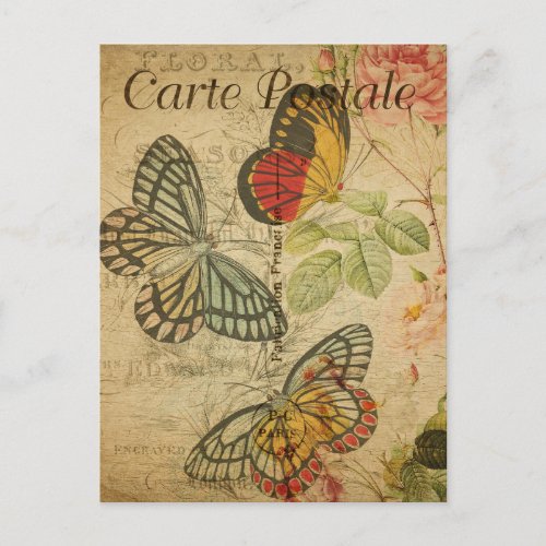 Vintage Colorful Butterflies Pink Roses French Postcard