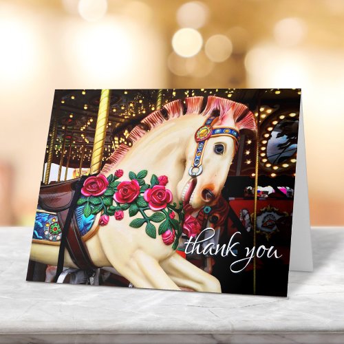 Vintage Colorful Carousel Horse Roses Photo Script Thank You Card