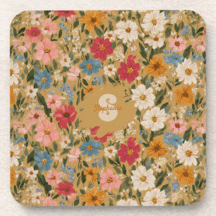 Vintage Colorful Daisy Pattern - Mustard Beverage Coaster