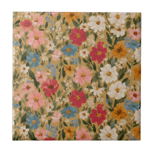 Vintage Colorful Daisy Pattern - Mustard Ceramic Tile
