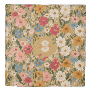 Vintage Colorful Daisy Pattern - Mustard Duvet Cover