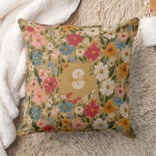 Vintage Colorful Daisy Pattern - Mustard Throw Pillow