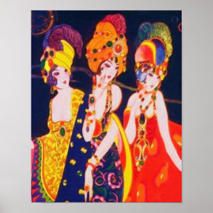 Vintage Colorful Deco Women with Jewelry Poster