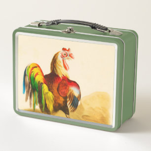 Vintage Colorful Farm Rooster  Metal Lunch Box