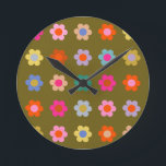Vintage Colorful Floral Abstract Retro Flowers Round Clock<br><div class="desc">Retro Flowers - Floral Print - Colorful Art - pink,  orange,  yellow,  green,  blue - dark olive green background.</div>