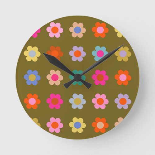 Vintage Colorful Floral Abstract Retro Flowers Round Clock