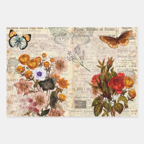 Vintage Colorful Floral Decoupage   Wrapping Paper Sheets