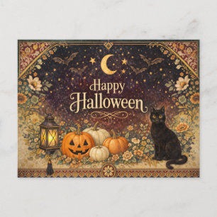 Vintage Colorful Floral Folk Art Halloween Holiday Postcard