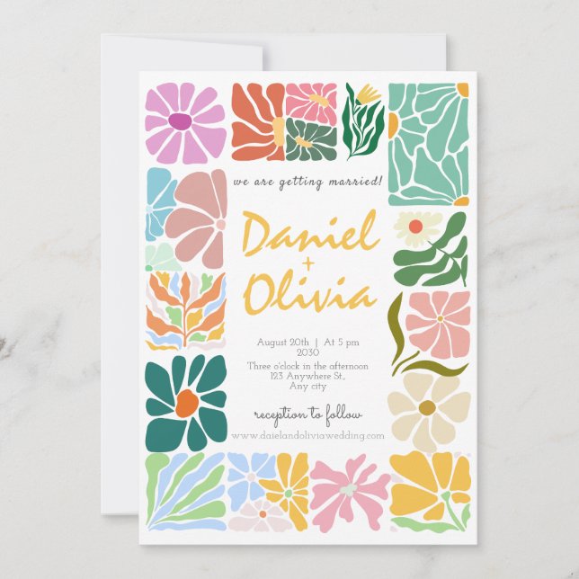 Vintage Colorful Flower Retro Wedding Invitation (Front)