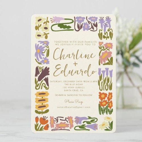 Vintage Colorful Flower Retro Wedding Invitation