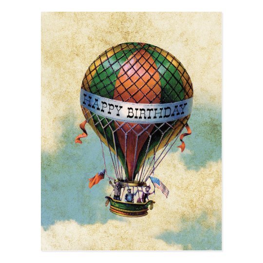 Vintage Colorful Hot Air Balloon Happy Birthday Postcard