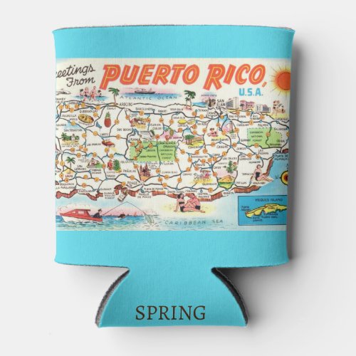 Vintage Colorful Map of Puerto Rico Can Cooler