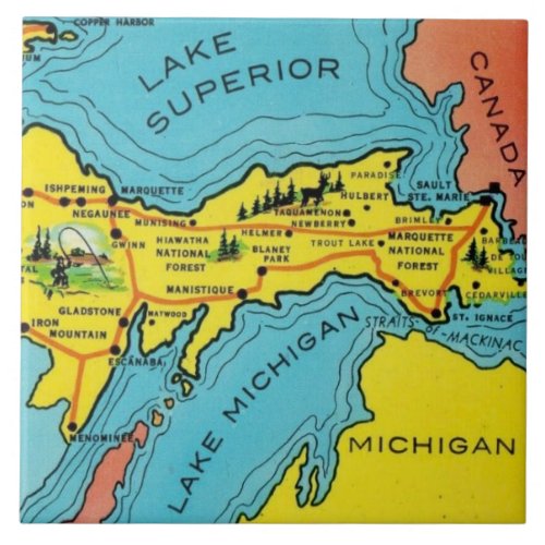 Vintage Colorful Michigan Map Ceramic Tile