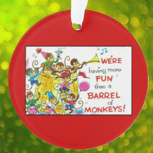 Vintage Colorful More Fun Barrel of Monkeys Ornament