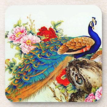 Vintage Colorful Peacock Beverage Coaster by ArtsofLove at Zazzle