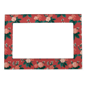 Vintage Colorful Peony Pattern - Maroon Background Magnetic Frame