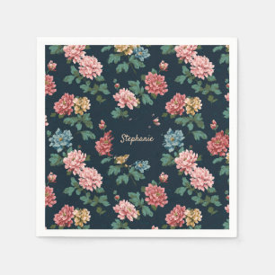 Vintage Colorful Peony Pattern on Black Background Napkins