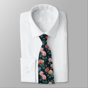Vintage Colorful Peony Pattern on Black Background Neck Tie
