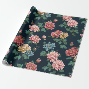 Vintage Colorful Peony Pattern on Black Background Wrapping Paper