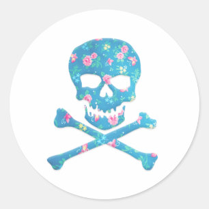 Vintage Colorful Skull With Pink And Blue Flowers Classic Round Sticker
