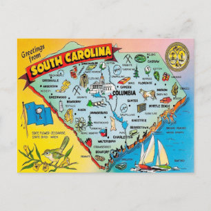 Vintage Colorful South Carolina Map Postcard