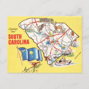 Vintage Colorful South Carolina Map Postcard