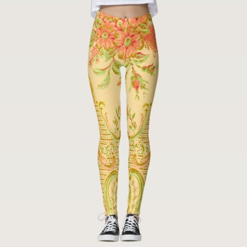 Vintage Colorful Stylized Flowers and Leaves Leggings