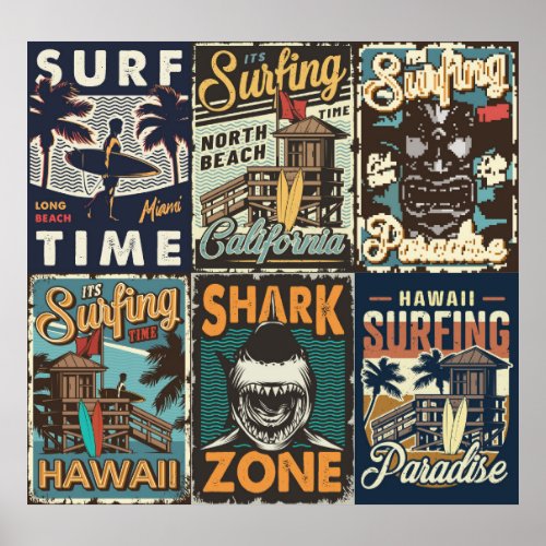 Vintage colorful surfing posters set with surf bus