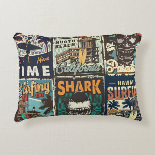 Vintage colorful surfing posters set with surf bus accent pillow