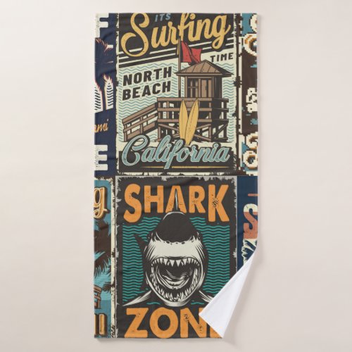 Vintage colorful surfing posters set with surf bus bath towel