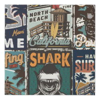 Vintage colorful surfing posters set with surf bus