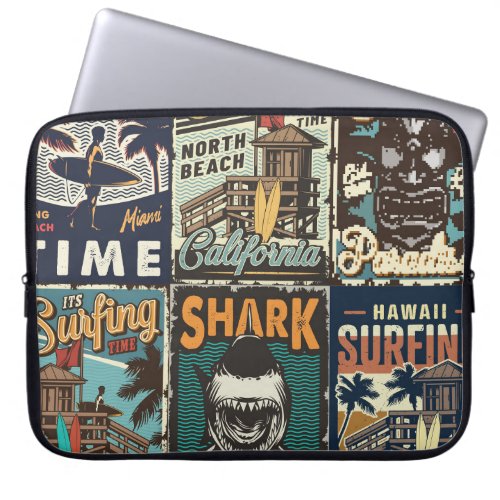 Vintage colorful surfing posters set with surf bus laptop sleeve