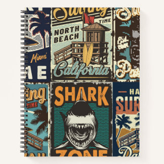 Vintage colorful surfing posters set with surf bus notebook