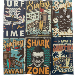Vintage colorful surfing posters set with surf bus shower curtain