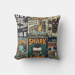 Vintage colorful surfing posters set with surf bus throw pillow