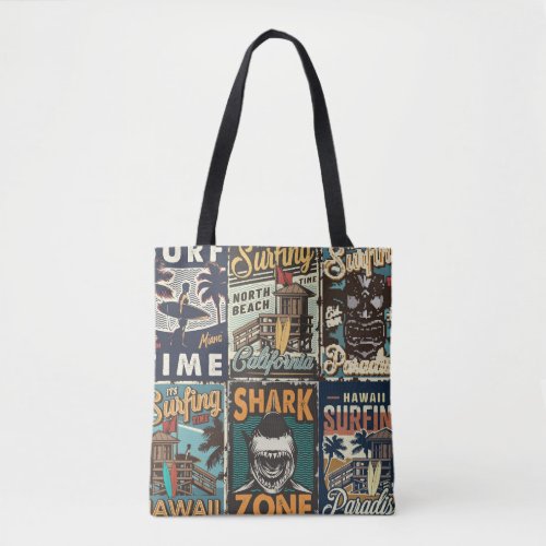 Vintage colorful surfing posters set with surf bus tote bag