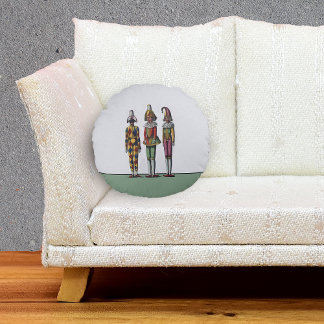 Vintage Colorful Whimsical Three Jester Dolls Round Pillow