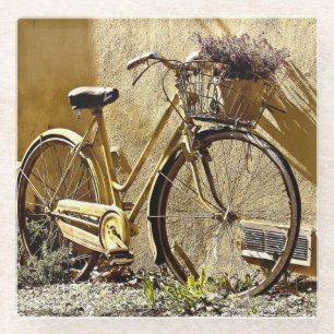 Vintage Colorful Yellow Bicycle       Glass Coaster